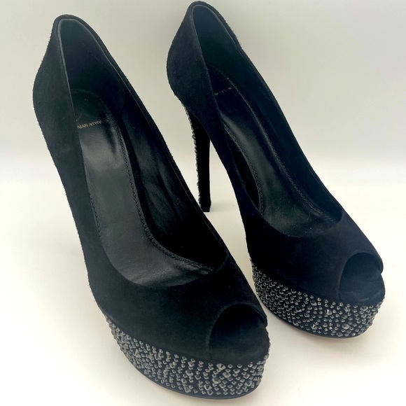 Brian Atwood - Black Suede Bea Crystal Studded Platform Pumps - Size 8.5 - Picture 4 of 9